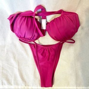GATHERED HIGH NECK TWIST FRONT BIKINI TOP & RUCHED BIKINI BOTTOMS IN DARK PINK